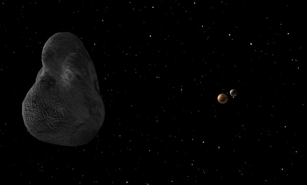The planetoid Pluto as seen from one of its moons, Hydra. Anoter moon is seen beyond Pluto, this is Hades.