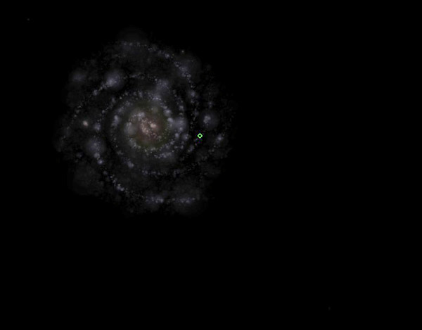 The Milky Way galaxy as seen from a distance half-way from here to Andromeda (M31). The green marking is the location of the sun. You are here.